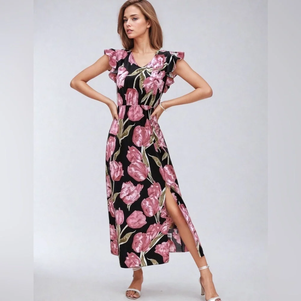 Pink/Black Floral Print Butterfly Sleeve Ruffle Trim Split Thigh Dress